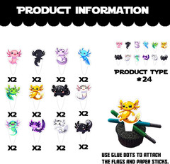 24Pcs Colorful Cute Axolotl Dessert Cupcake Topper Pick for Cartoon Animal Axolo