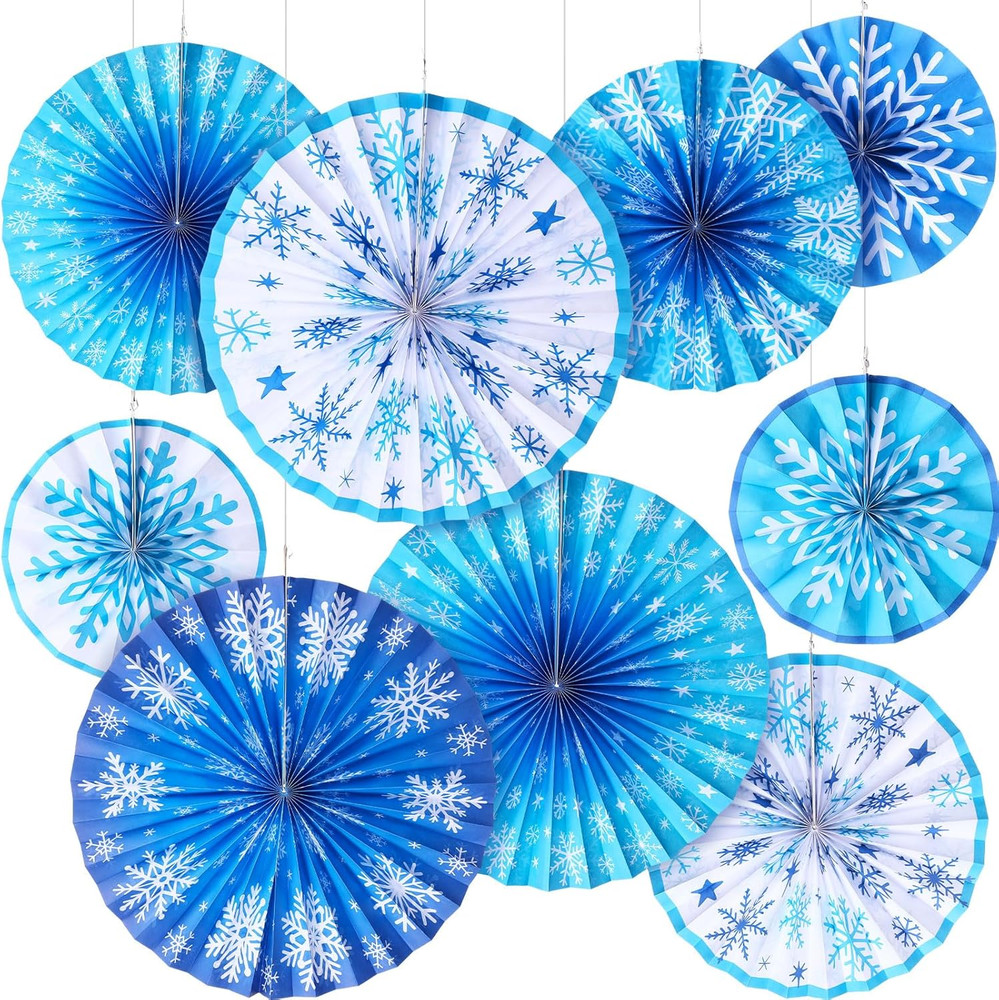9PCS Winter Snowflake Paper Fans Blue White Hanging Decorations Xmas Party