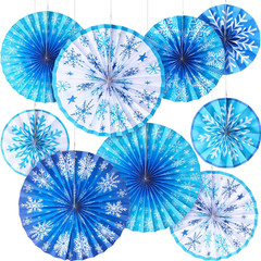 9PCS Winter Snowflake Paper Fans Blue White Hanging Decorations Xmas Party