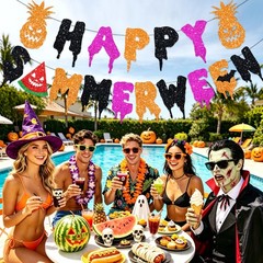 3 PCS Pre-Strung Happy Summerween Banner Set – NO-DIY Glitter Summer Hallowee…