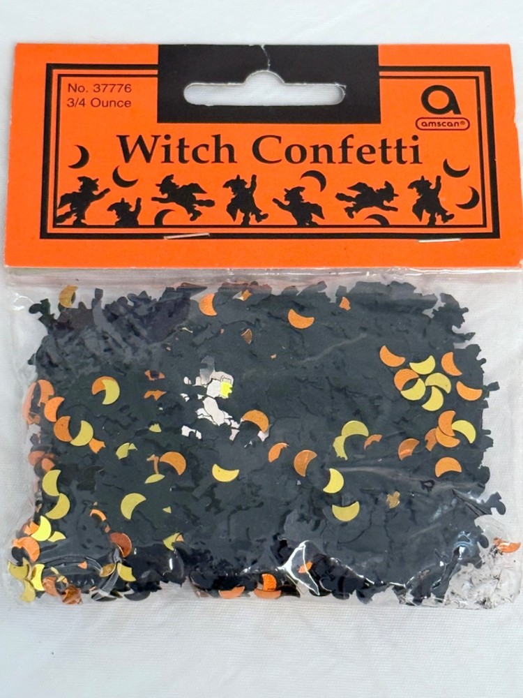 Vintage Amscam 3/4oz/21g Halloween Witches On Brooms Gold/Yellow Moons Confetti