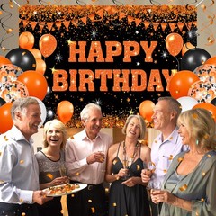 48pcs Orange Decorations, Orange Black Happy Banner for Men with Backdrop Bal…