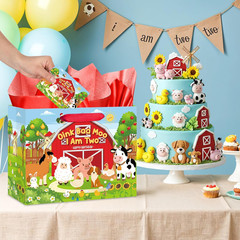 Farm Animals 2Nd Birthday Gift Bag for Boys Girls Red Oink Baa Moo I Am Two Wrap