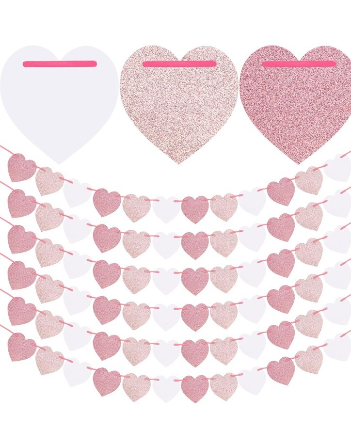 60Pcs Hanging Hearts Pink Sparkle Garland Valentines Day Anniversary Decoration