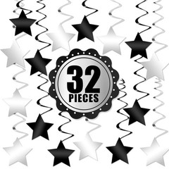 Black and Silver Star Hanging Swirls – Pack of 32 , No DIY | Silver Party Decora