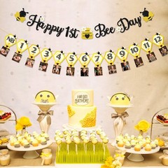 3PCS Happy Bee Day Party Decorations, Bumble Honey Bee 1st Birthday Baby Phot…