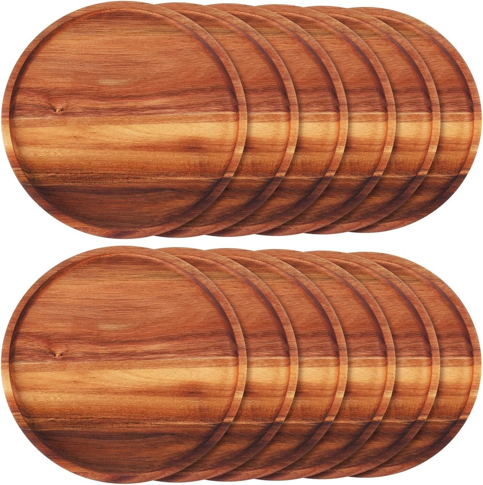 Rtteri 12 Pcs Acacia Wood Dinner Plates Round Dishes 0.95 Inches, Brown