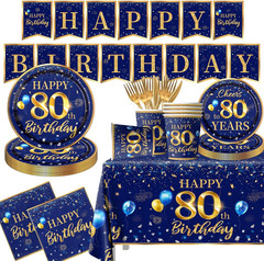 80Th Birthday Decoration Men-142Pcs Navy Blue and Gold Birthday Tableware Set(Se