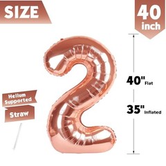 40 Inch Balloon, Giant 2 Number Balloons for 2nd Birthday Number 2 Rose Gold