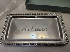 NEW Mariposa Beaded Edge CELEBRATE Engraved Trinket Dish Silver Toned 6.5 X 3.75