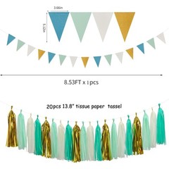 Teal-Blue Mint Beige-Gold Party Decorations – 30pcs Rustic Wedding Tissue Pom