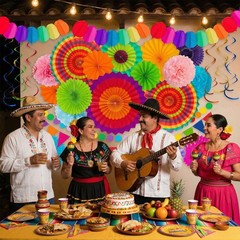 Fiesta Paper Fan Party Decorations Set Cinco De Mayo Pom Poms,Pre-assembled