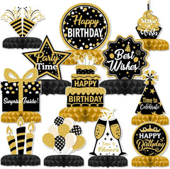 12 Pcs Birthday Table Decorations Glitter Black and Gold Birthday Decorations Ho
