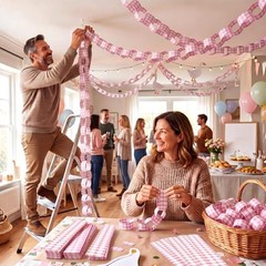 Fanfanwin 300 Sheet Gingham Paper Chain Garland Strips – 1×8 Inch DIY Pink