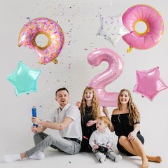 Two Sweet Birthday Decorations, Number 2 Balloons, 6 Pcs 40” Pink Donut Ballo…