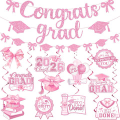 Pink Graduation Decorations – Bow Themed Congrats Grad Banner and Class of 2026