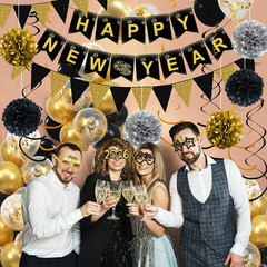 Happy New Years Decorations 2026, Black and Gold New Years Banner, Triangle Flag