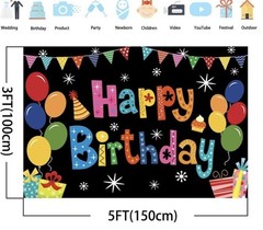 Birthday Party Backdrop Multicolor Fabric Kids Under 5 Balloon 5x3ft
