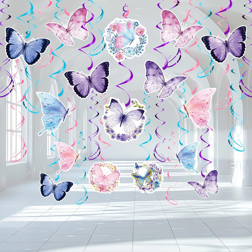 Butterfly Party Decorations – 46 Pieces Pink Purple Butterfly Hanging Swirl Spri