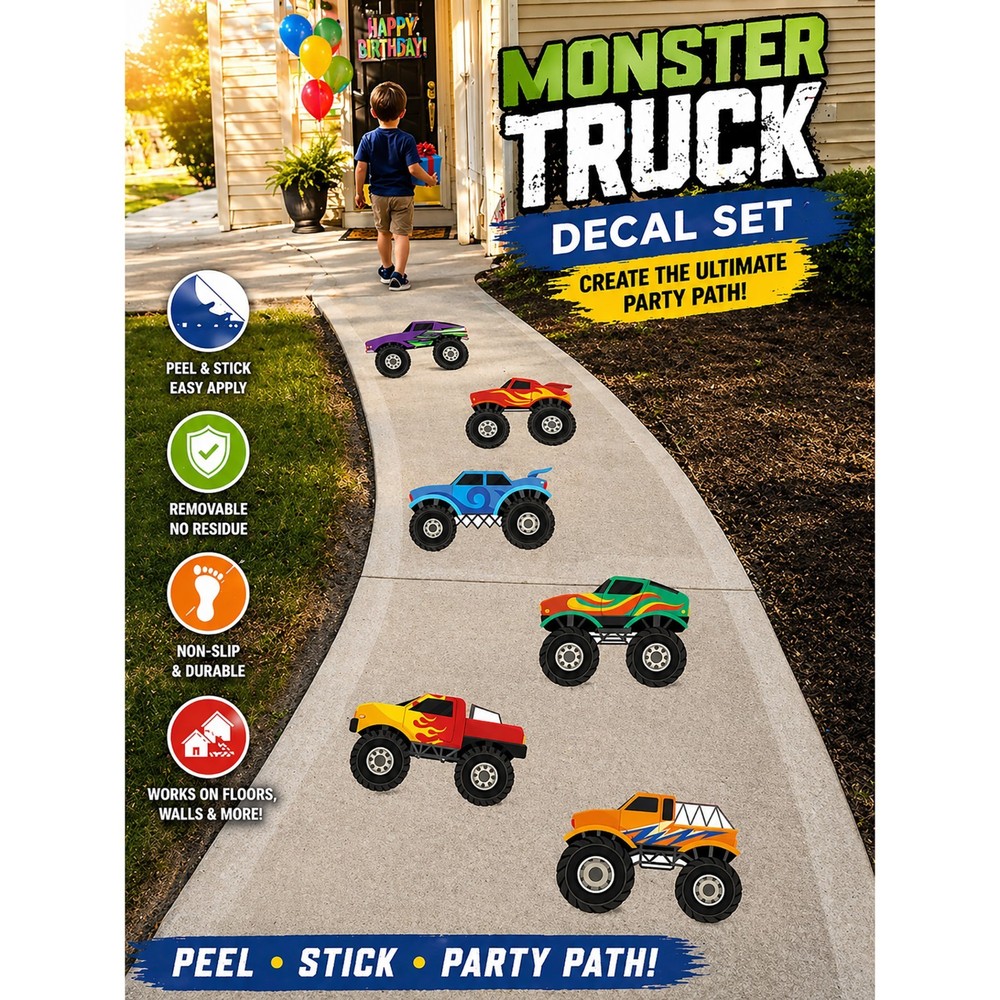 Monster Truck Floor Decals Set of 6 – 12″ Peel Stick Party Path Kids Decor