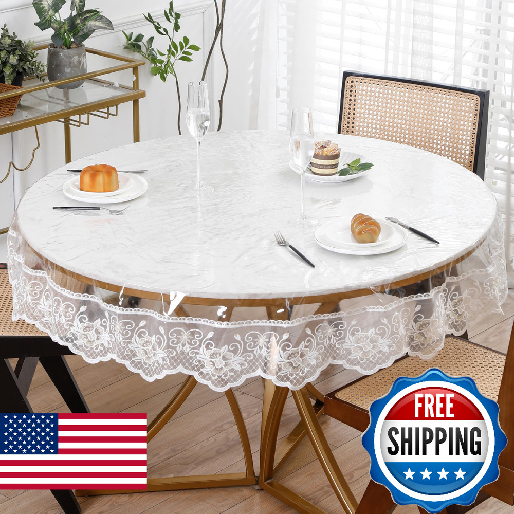 Clear Round Plastic Tablecloth Protector with Lace Around Waterproof Oil-Proof P