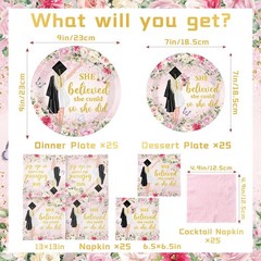 Juweked Pink Graduation Paper Plates and Napkins, She Believed She Could So S…