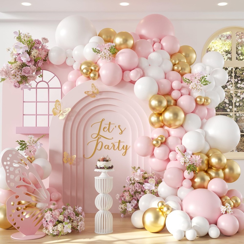 136pcs Pink and White Gold Balloon Arch Garland Kit with Pink White Metallic …