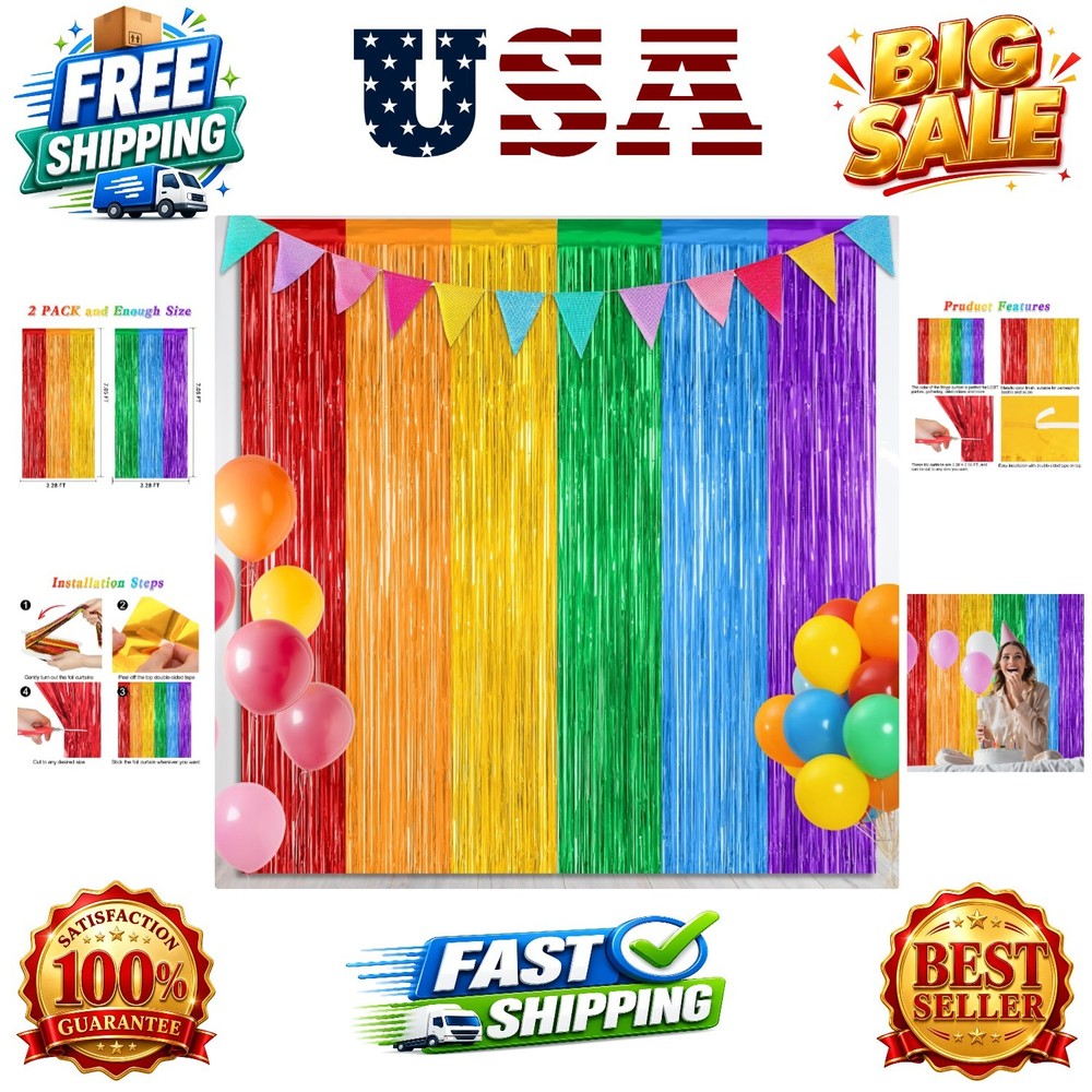 2 Pack Rainbow Backdrop Curtains, 3.28 FT x 7.05 FT Colofull Party Decoration…