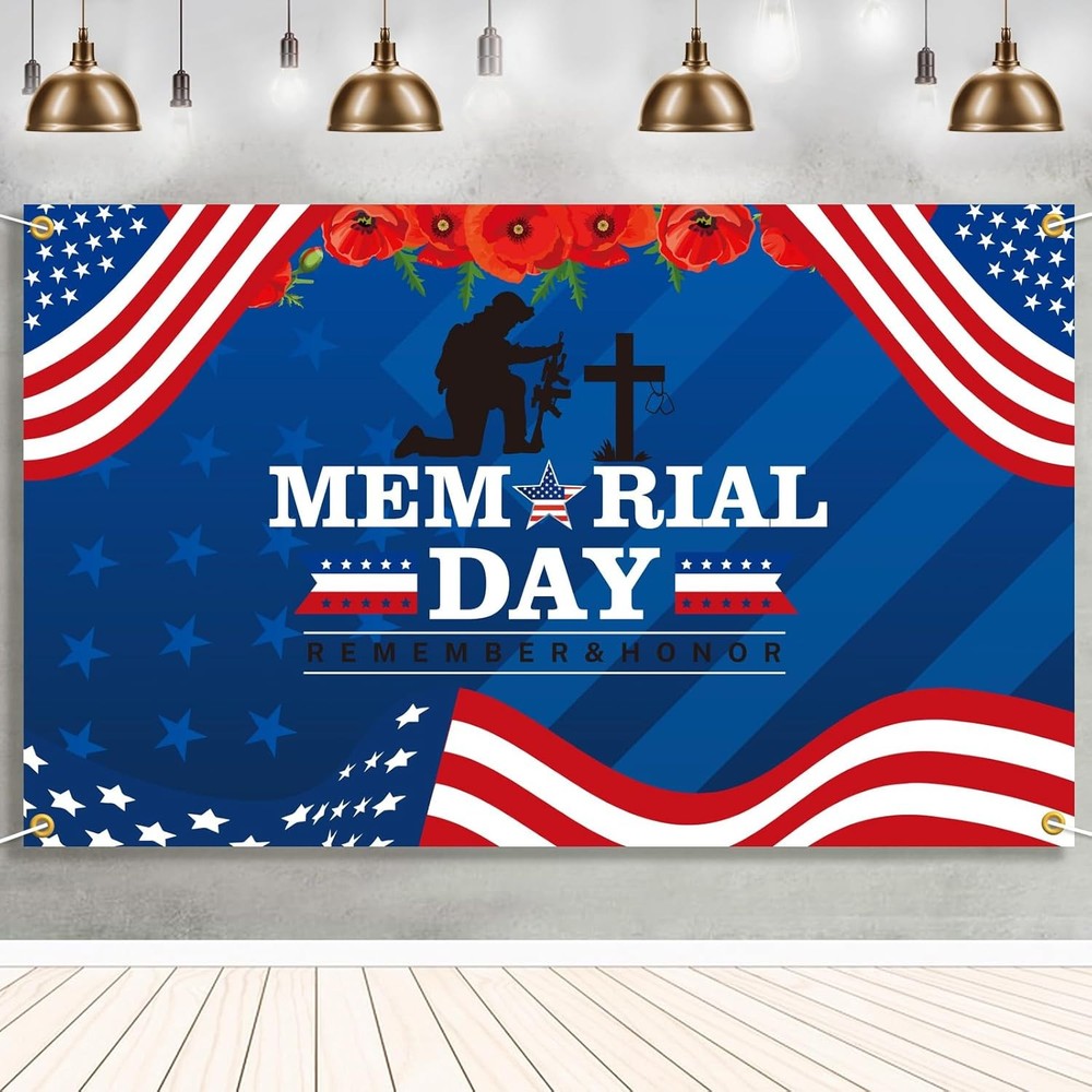 Memorial Day Patriotic Banner 71″ x 43″ – Red White Blue Stars & Stripes