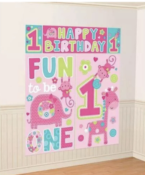 ONE WILD GIRL Scene Setter Party Decorations Fun to be One Animals Wall Backdrop