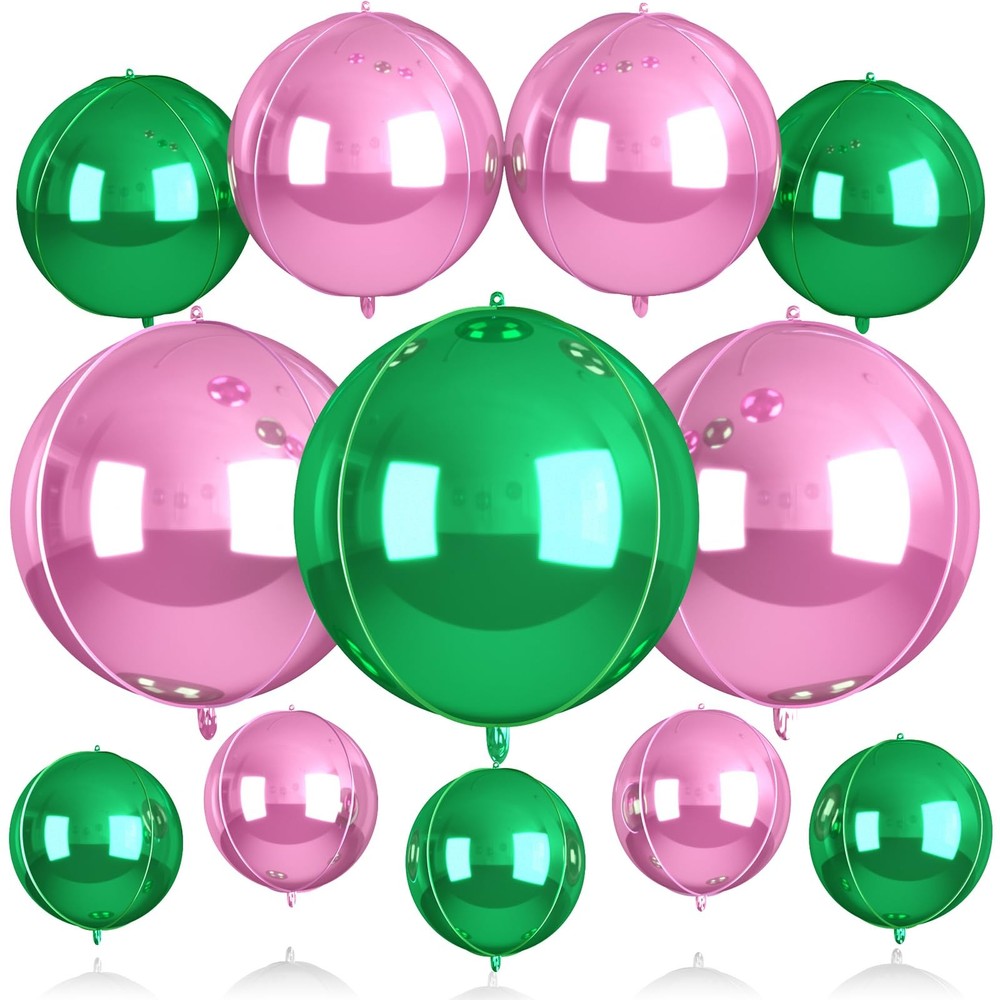 12Pcs Green and Pink Round Balloons Foil, 22″ 18″ 15″ 10″ 4D Round Ball Ballo…