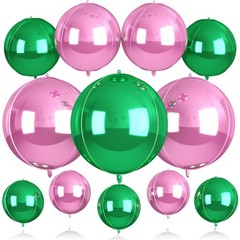 12Pcs Green and Pink Round Balloons Foil, 22″ 18″ 15″ 10″ 4D Round Ball Ballo…