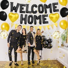 Welcome Home Decorations Black Gold Foil Balloon Banner with Confetti Balloons