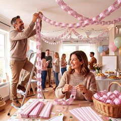 Fanfanwin 300 Sheet Gingham Paper Chain Garland Strips – 1×8 Inch DIY Pink