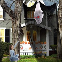 Halloween Animated Hanging Skulls Head Covered with Spider Webs JQ