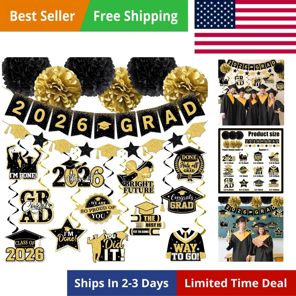 Black and Gold Graduation Decorations, 2026 Grad Banner and Congrats Grad Han…