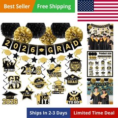 Black and Gold Graduation Decorations, 2026 Grad Banner and Congrats Grad Han…