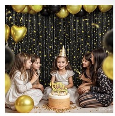 Katchon Star Print Foil Fringe Party Backdrop Pack of 2 Black Gold 3.2×6.5ft