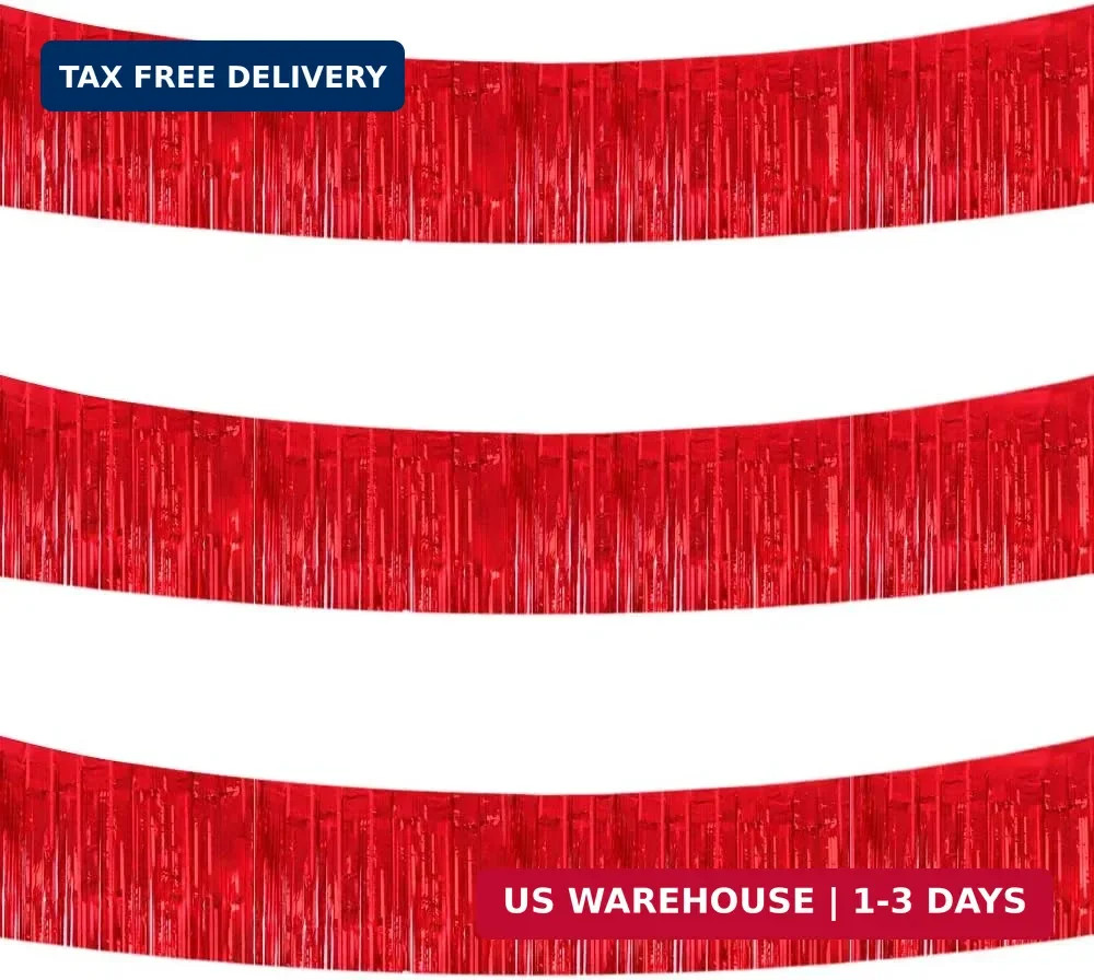BEISHIDA 3 Packs 30 Feet Metallic Foil Fringe Garland Tinsel Streamers，Shiny Red