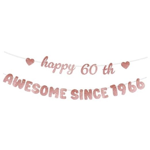 Rose Gold Birthday Decorations for Women – Glittery Happy Birthday Banner, 60th