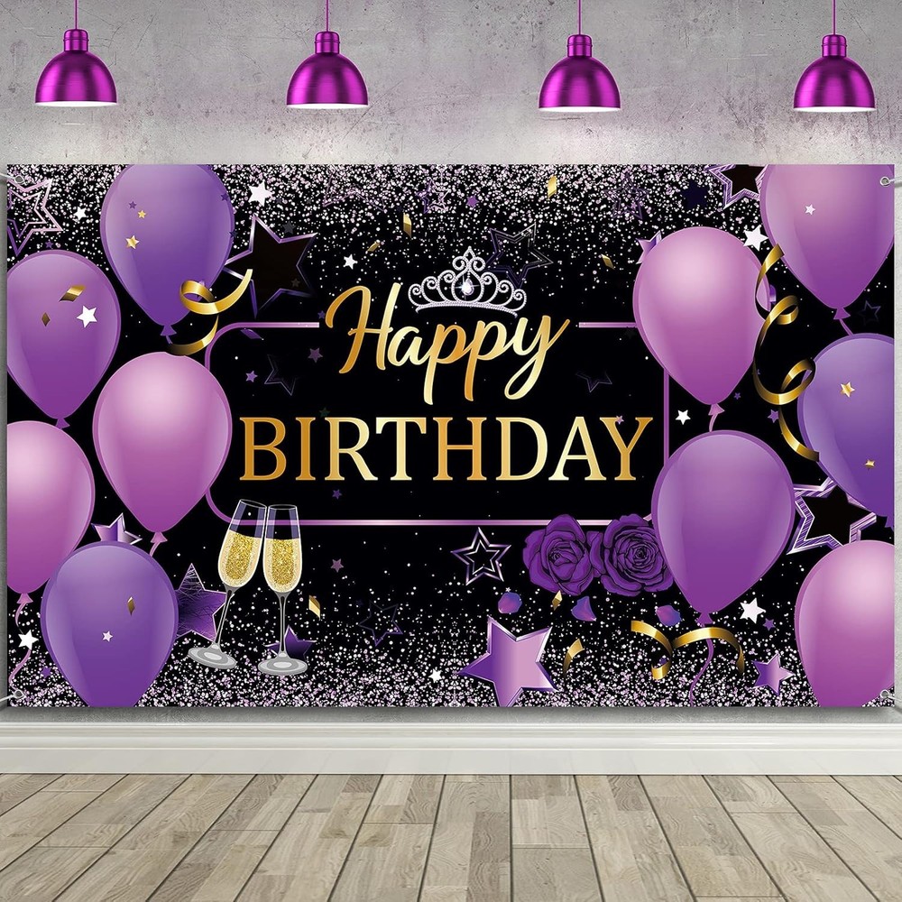 Purple Happy Birthday Party Decorations Women Photo Backdrop Background Banner