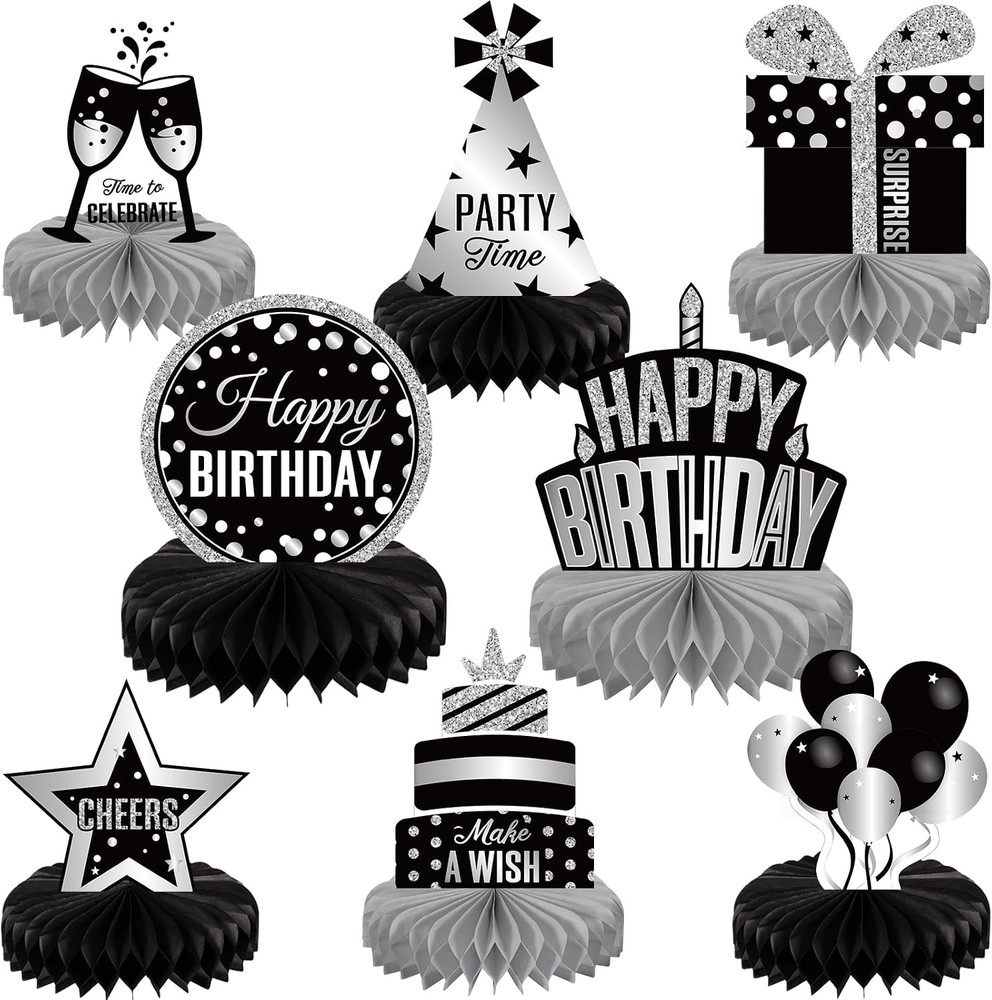 8 Pieces Sliver and Black Birthday Party Honeycomb Centerpieces Sliver Black Tab