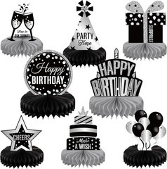 8 Pieces Sliver and Black Birthday Party Honeycomb Centerpieces Sliver Black Tab