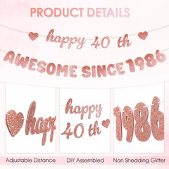 Rose Gold 40Th Birthday Decorations for Women – Glittery Happy 40Th Birthday Ban