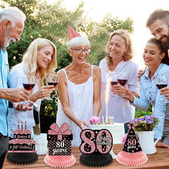 9Pcs Rose Gold 80Th Birthday Decorations Rose Gold Black Happy 80Th Birthday Tab