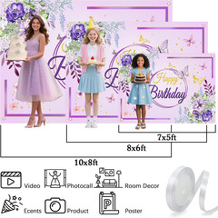 Birthday Party Background,Elegant Purple & Gold Floral Butterfly Happy Birthday
