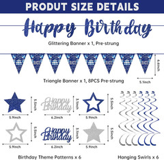 Blue Silver Birthday Decorations for Men Women, Happy Birthday Banner Hanging