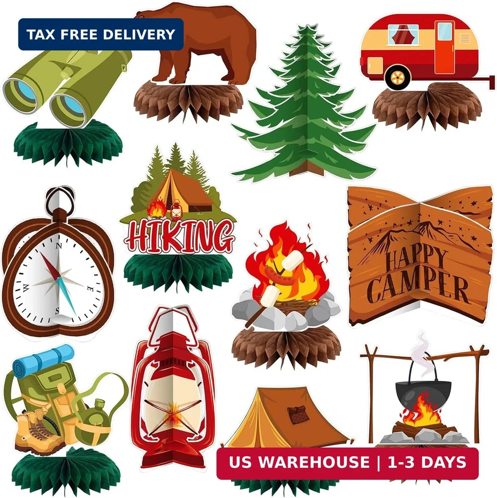 Yuntau 12 Pcs Summer Camping Party Decorations Happy Camper Honeycomb Centerpiec
