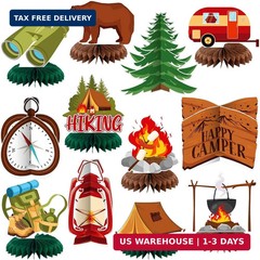 Yuntau 12 Pcs Summer Camping Party Decorations Happy Camper Honeycomb Centerpiec