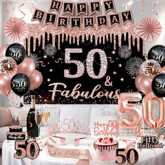 50Th Birthday Decorations for Women – 34Pcs Black Rose Gold Birthday Party Decor